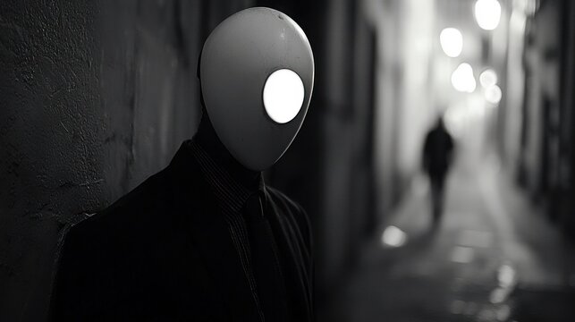 Mysterious figure in a dark alleyway with glowing eye mask.