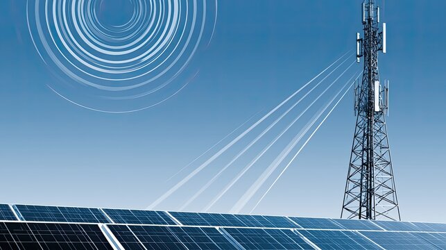 Tower transmits signals above solar panels under a clear sky
