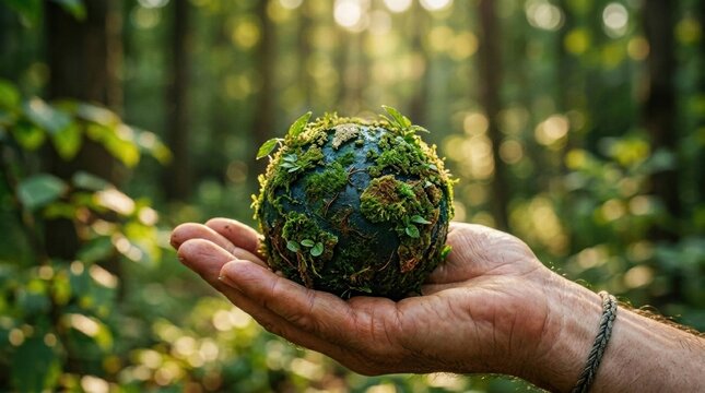 Close up shot of human hand holding small green globe covered in moss and tiny plants against lush forest background in soft light.