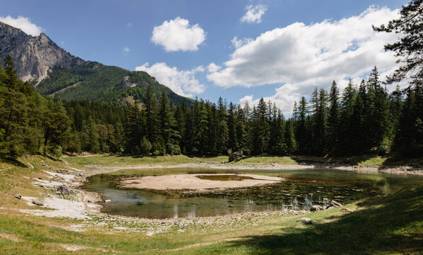 Gruner See in Austria with forest and mountains reflected in the water, emphasizing eco tourism awareness of environmental change