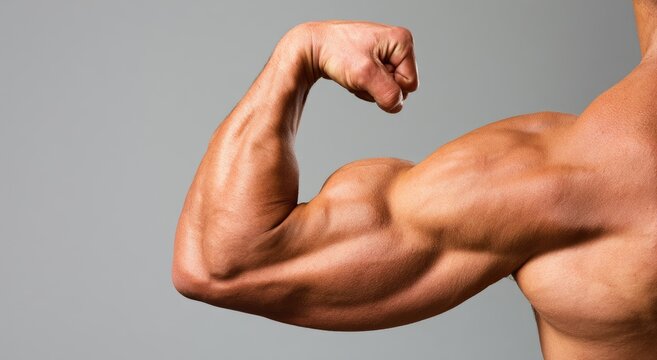 Muscular arm flexed, showcasing prominent biceps and triceps on gray