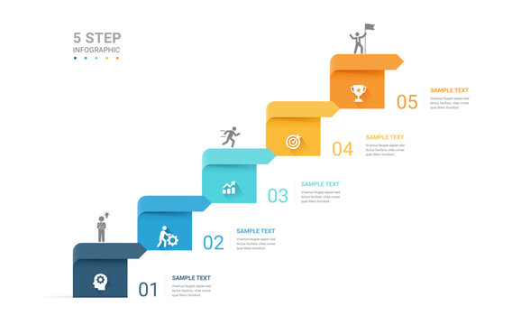 Infographic Staircase Step Business Growth timeline with 5 Step Arrow Process and Concepts for Success Diagram Background