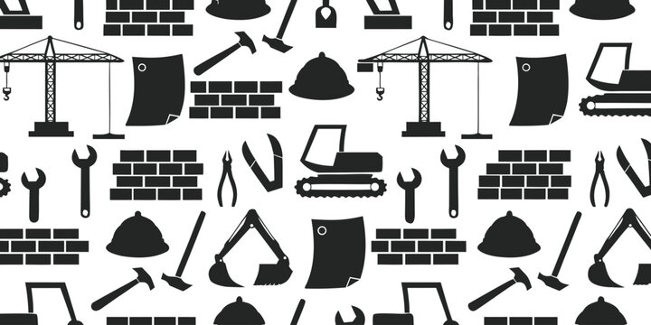 Construction site seamless pattern with industrial machinery and building tools