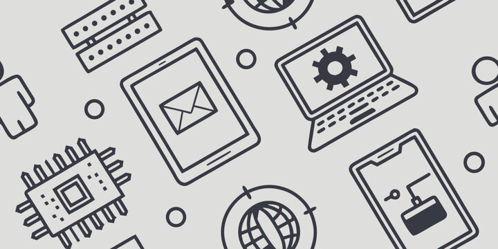 Modern digital workspace seamless pattern with tablet laptop and electronic hardware icons on light background