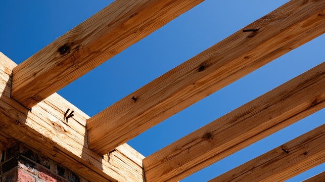 Wooden beams framing a clear blue sky, hinting at construction