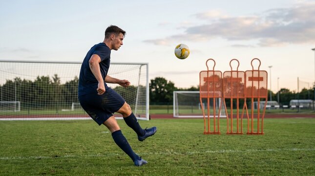 Soccer player practicing kicking a ball on a grassy field with training dummies and goalposts in the background