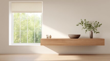 Fototapeta premium Minimalist interior space features natural light illuminating a light wooden floating shelf with decorative objects