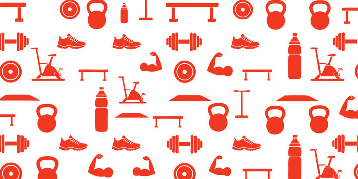 Red fitness equipment pattern with weights shoes dumbbells and exercise bike