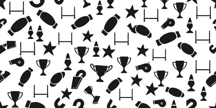 Rugby equipment and sports trophy silhouettes seamless pattern vector design