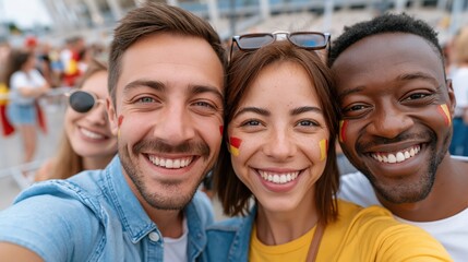 Obraz premium Diverse group of friends with face paint taking a selfie at a football stadium
