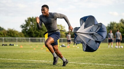 Naklejka premium Athlete training with speed parachute on a grassy field with other athletes in the background
