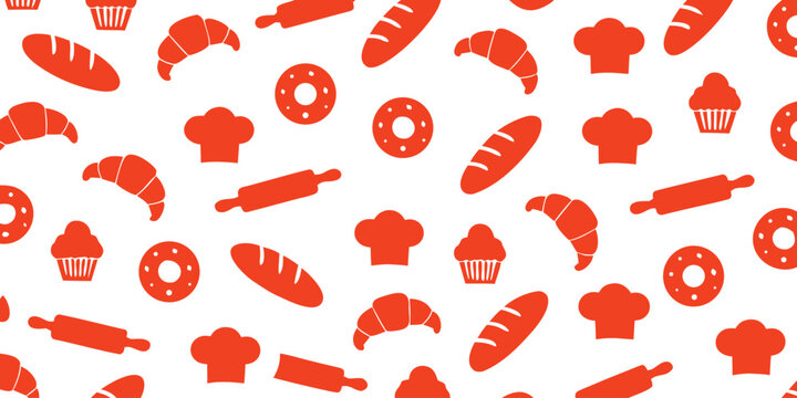 Seamless bakery pattern with vibrant orange food icons