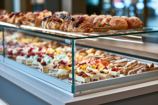 Assortment of gourmet pastries, cakes, and breads displayed in a refrigerated bakery case