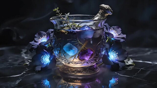 Magical potion in an ornate glass bowl with glowing flowers and mystical smoke
