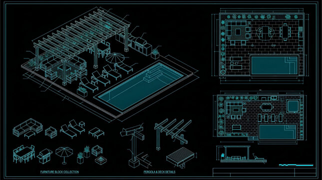 Detailed Isometric Outdoor Furniture and Pergola CAD Block Collection with Lounge Seating Pools and Patio Layouts Technical Blueprint Vector Set