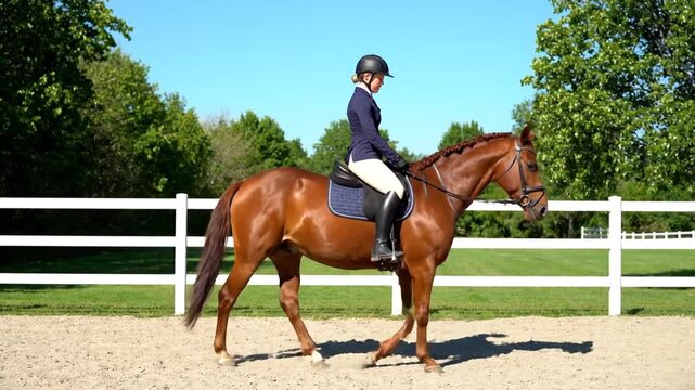 Woman rides horse outdoors during daylight near white fence and trees