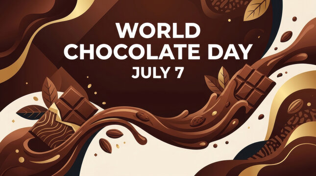 Graphic illustration for world chocolate day on july 7 featuring flowing liquid cocoa waves and square chocolate bars with nuts.