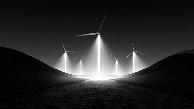 Majestic windmills illuminated by brilliant light in a surreal, dark landscape