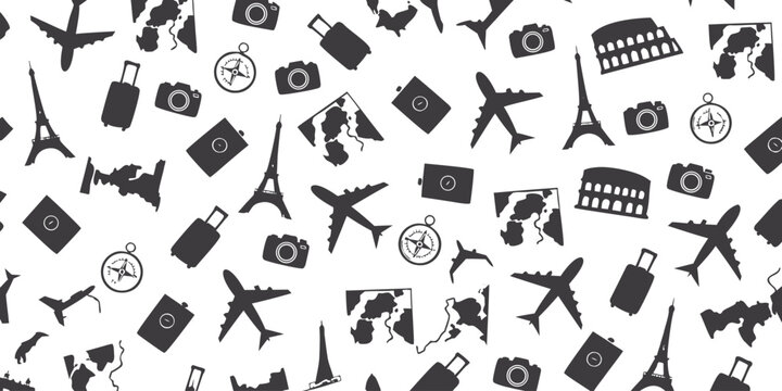 Travel and vacation icons pattern on grey background