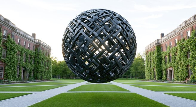 Intricate spherical sculpture floats above a manicured courtyard between ivy-covered buildings