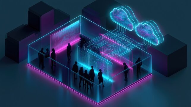 Isometric display of glowing data streams and cloud graphics with silhouetted figures