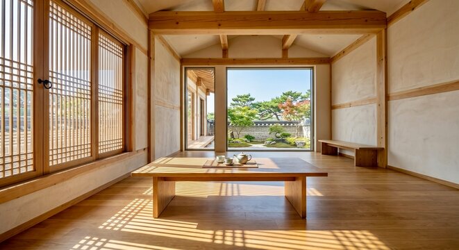 Minimal Wooden Table with Window Shadows in Modern Korean Interior