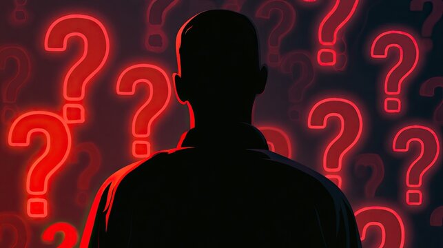 Shadowy figure surrounded by glowing red question marks