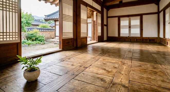 Small Plant Pot on Traditional Korean Hanok Wooden Floor