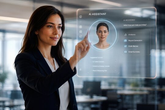 Seorang profesional menggunakan asisten AI holografik di kantor modern, menggambarkan transformasi digital dan masa depan pekerjaan.