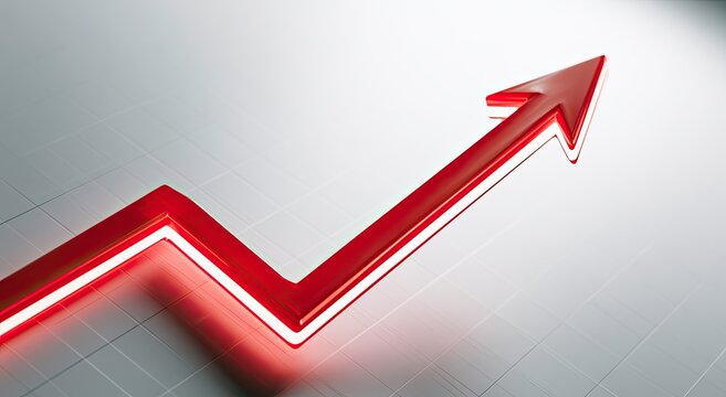Bold red arrow charts upward trajectory against a grid-patterned background