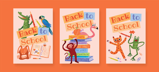 Obraz premium Back to School card set with Crocodile, Parrot, Monkey, Flamingo, Cat, Frog, books, backpack and pencils. Kids preschool education, childish colourful flat vector illustration