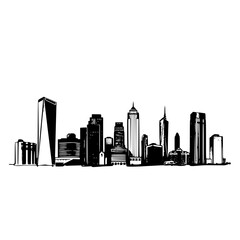 A sleek, modern metropolitan skyline silhouette featuring a diverse array of high-rise buildings and skyscrapers in a city, showcasing urban architecture and cityscape at dusk or night. © Sarfaraz