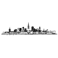 Obraz premium Vector illustration of a modern waterfront city skyline silhouette at sunset, featuring sleek skyscrapers, historic buildings, and a serene harbor with boats, set against a clean white background.