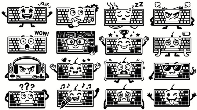 Funny Cartoon Keyboards with Faces Expressing Emotions and Actions