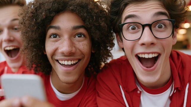 Excited teenagers in red shirts react to something on a smartphone screen