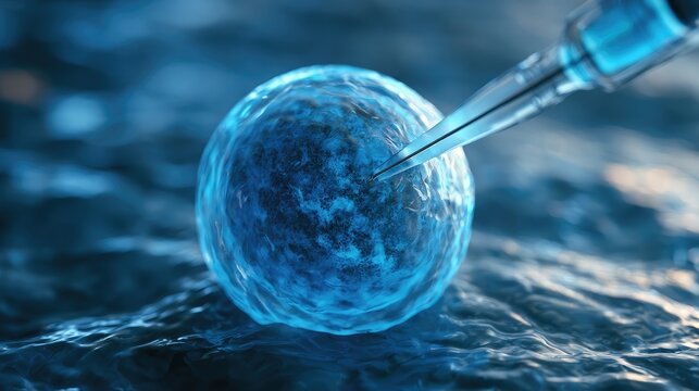 Microscopic precision a needle delicately penetrates a blue, glowing cell