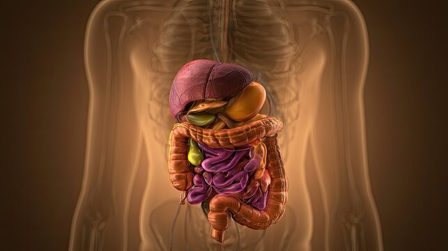 Detailed 3D rendering of human digestive system organs within a translucent torso