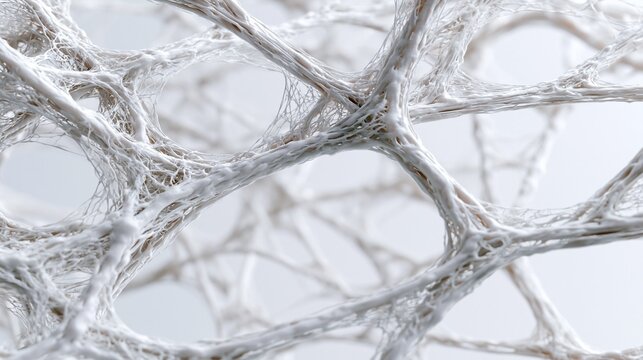 Closeup medium shot of fibroblast activation between tight collagen networks emphasizing highdetail extracellular matrix texture and depth with subtle volumetric light on a