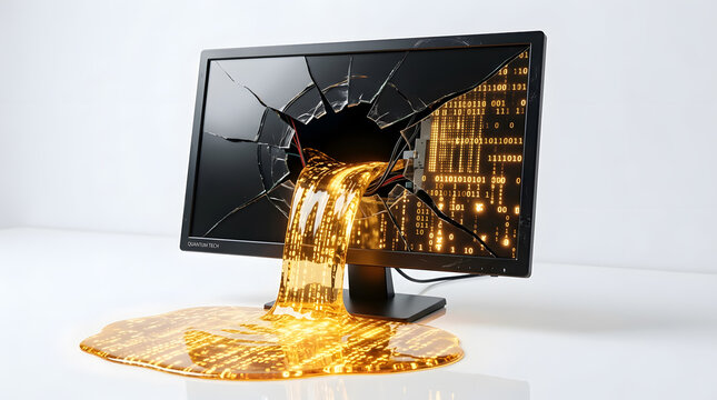 Broken Computer Monitor with Glowing Binary Code Liquid Pouring Out | Conceptual Digital Data Leak and Information Security Breach | Abstract Technology Failure and Cyber Risk Symbol | Gold Matrix