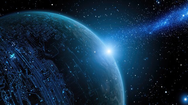 Futuristic planet with glowing circuits, bathed in starlight