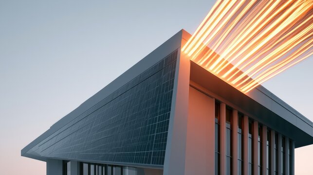 Modern building with solar panels absorbs radiant energy from sky