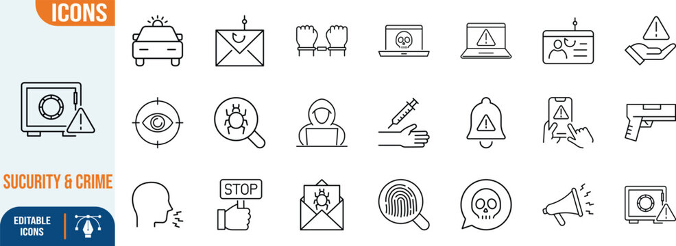 Cyber security crime and warning icons. laptop icon set, handcuffs icon set, gun icon set