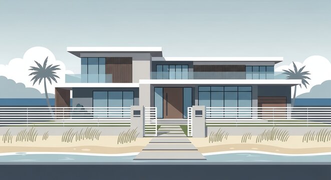 Modern Beachfront Luxury Villa Illustration with Minimalist Architecture and Palm Trees Near the Coast