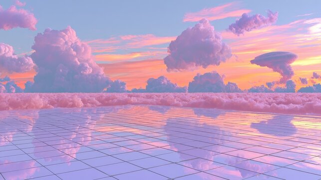 A surreal, pastel-hued sky with fluffy clouds reflects on a checkered, watery surface