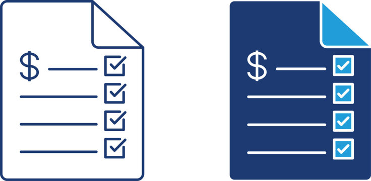 Financial invoice document vectors with dollar mark and checklist in outline and solid blue styles Or Billing receipt paper templates with folded corners and payment checkmarks
