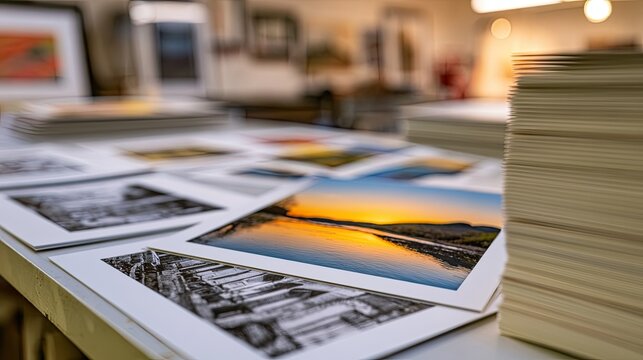 Art prints, including color and black-and-white, laid out on a table with stacks of paper