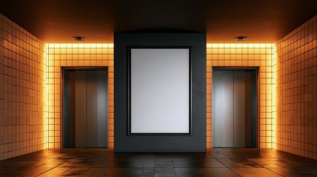 Blank illuminated billboard between two modern elevators in tiled hallway