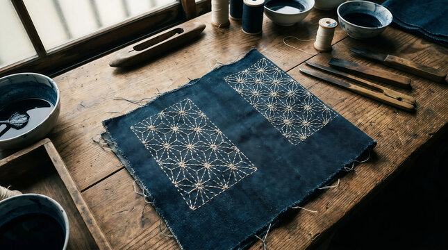 Traditional Japanese sashiko embroidery on indigo dyed fabric with artisan tools and indigo dye bowls on a rustic wooden workbench in a workshop.