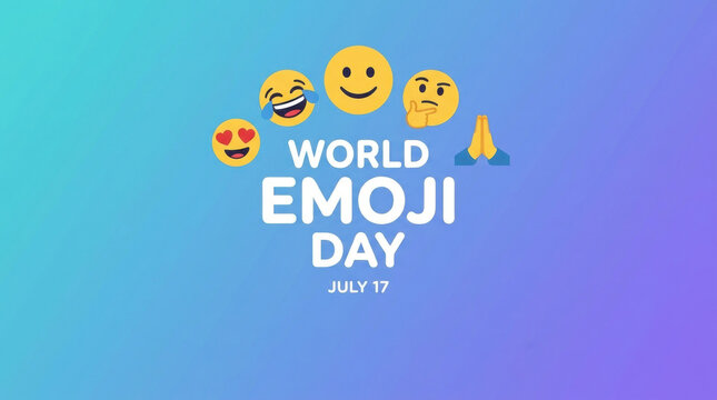 World emoji day text with various emojis on a blue and purple gradient background.