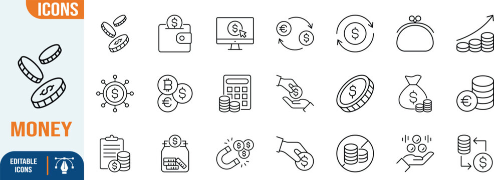 Money finance business outline icons. coins icon set, wallet icon set, calculator icon set